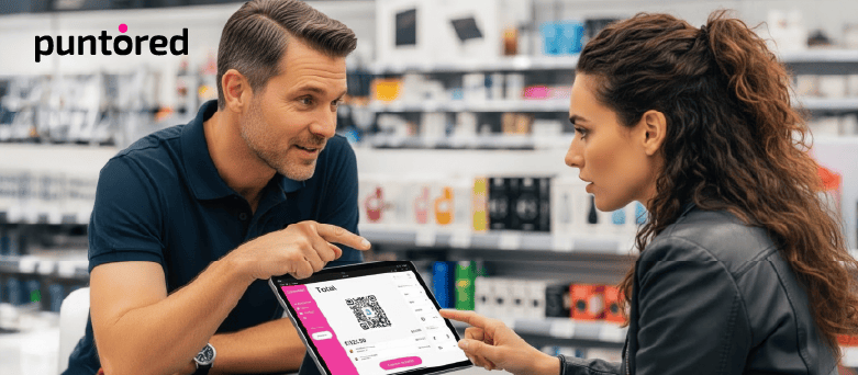 Cliente y vendedor usando tablet con soluciones de pago digitales para una experiencia de pago rápida y segura en retail y Fintech.